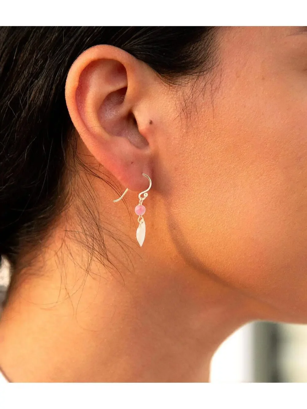 Pink Rhodonite and Golden Bronze Heart Charm Earrings